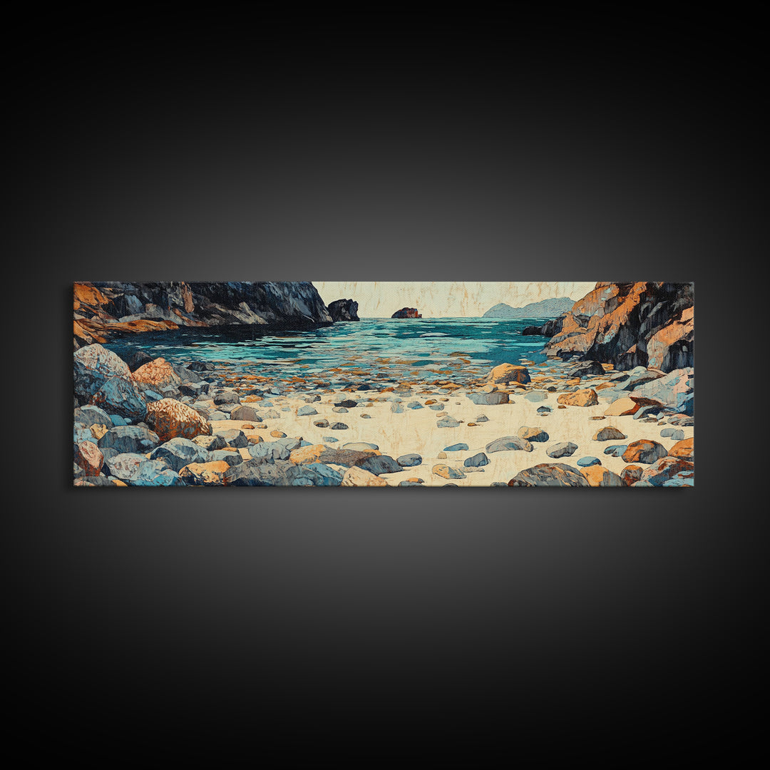 Turquoise Rocky Shore Seascape Wall Art, Coastal Canvas Print, Ocean Landscape, Beach House Decor, Large Living Room Art