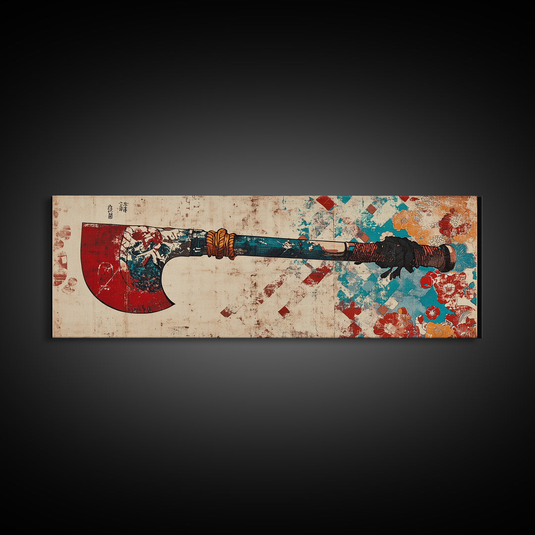 Red Blade Tribal Axe Wall Art, Grunge Weapon Illustration, Rustic Man Cave Decor, Bold African Inspired Canvas Print, Office Decor