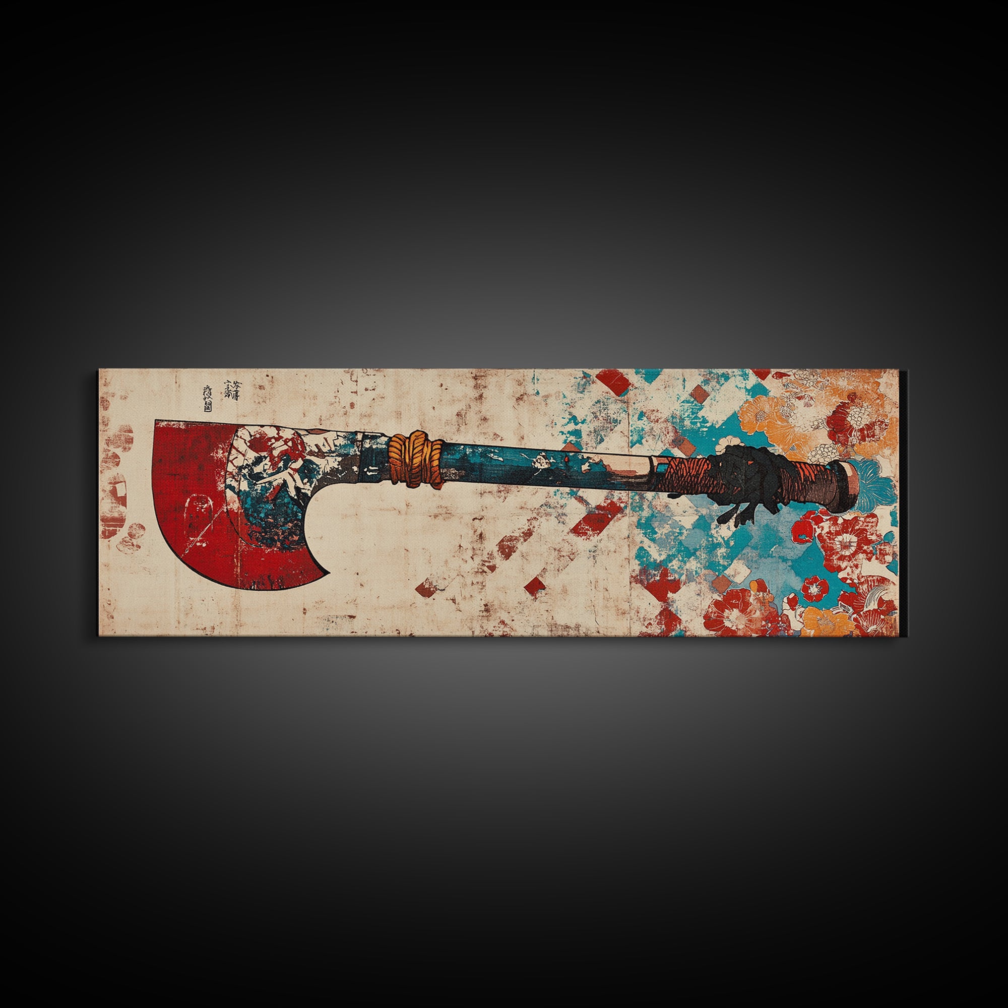 Red Blade Tribal Axe Wall Art, Grunge Weapon Illustration, Rustic Man Cave Decor, Bold African Inspired Canvas Print, Office Decor