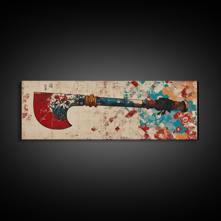 Red Blade Tribal Axe Wall Art, Grunge Weapon Illustration, Rustic Man Cave Decor, Bold African Inspired Canvas Print, Office Decor