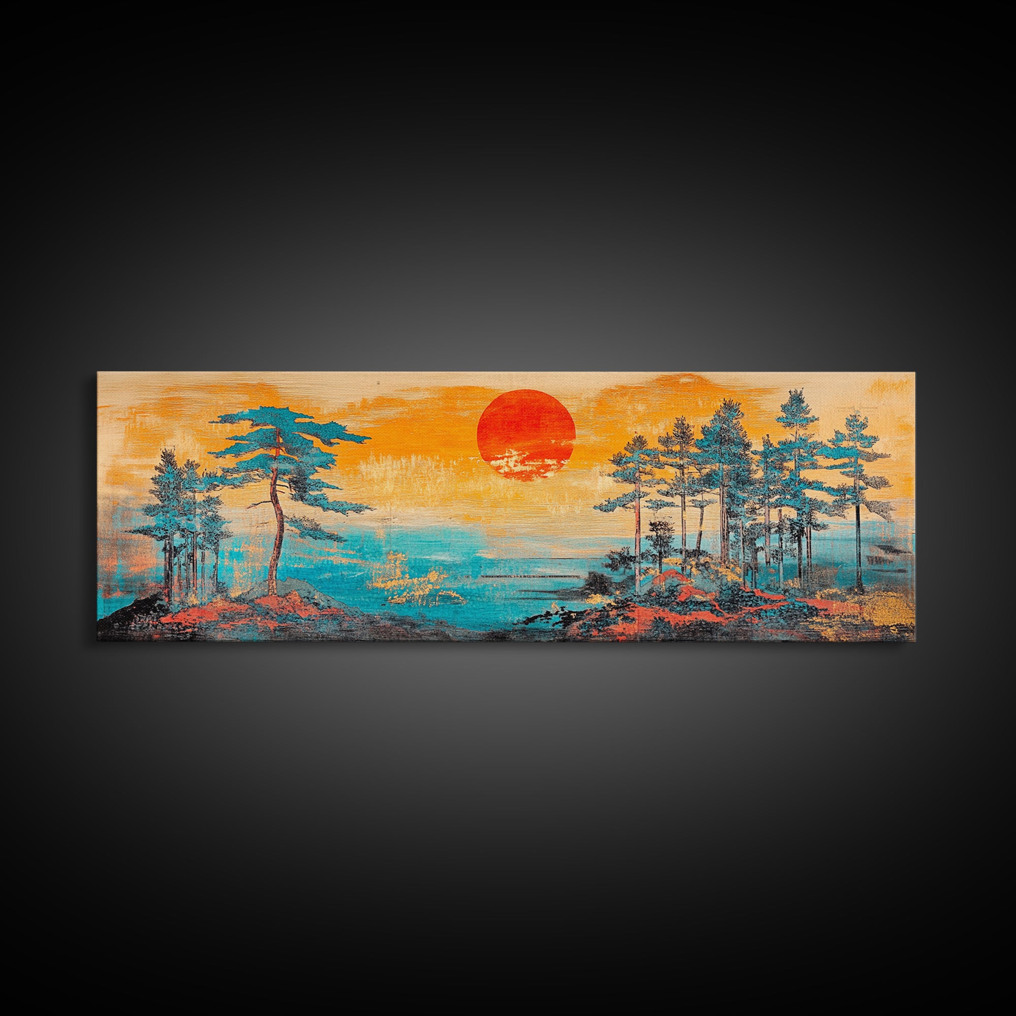 Red Sun Pine Island Wall Art, Japanese Coastal Landscape, Serene Ocean Decor, Long Horizontal Framed Canvas Print, Living Room Art