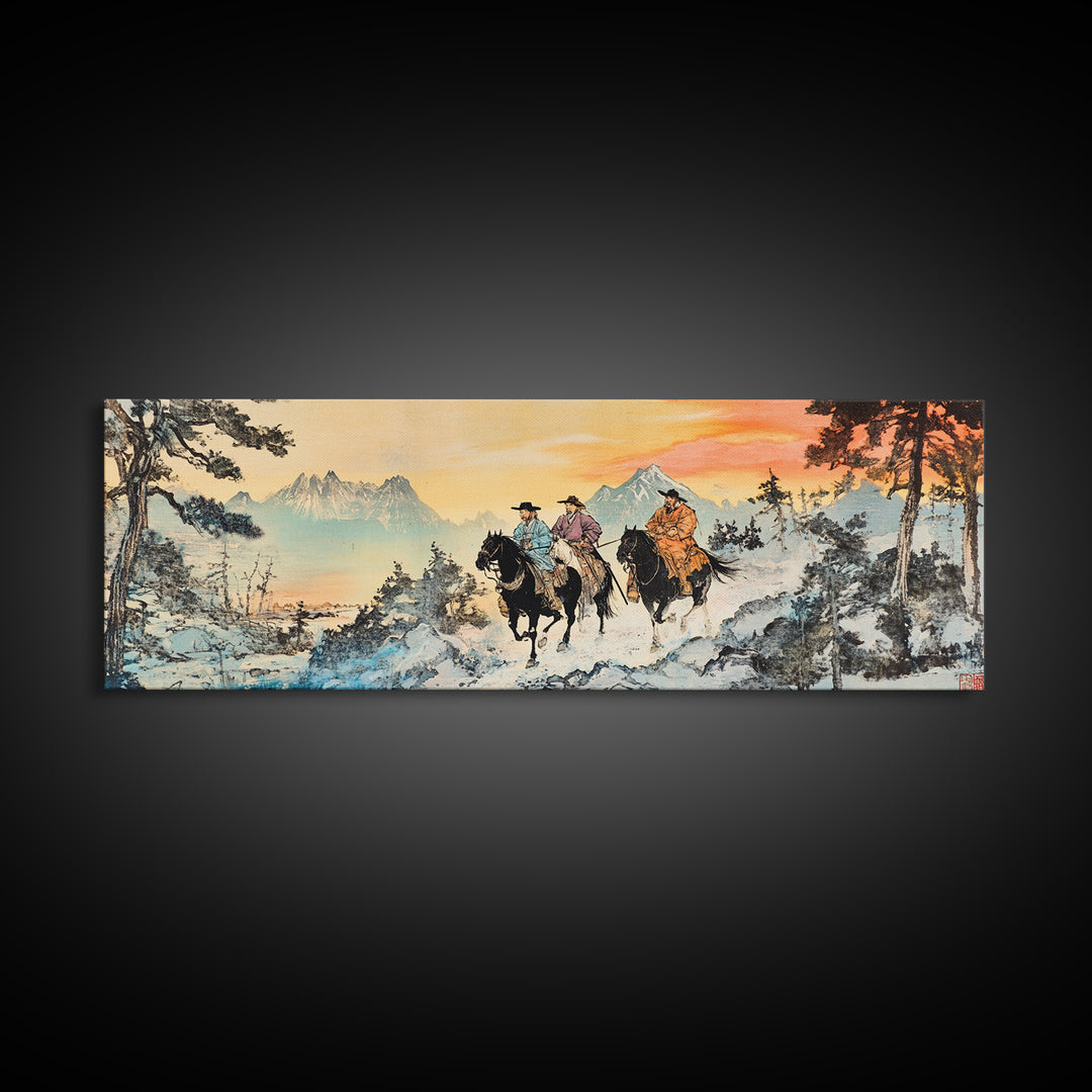 Two Cowboys Snowy Mountain Wall Art, Western Horse Landscape Painting, Rustic Cabin Decor, Large Framed Canvas Print, Gift For Him