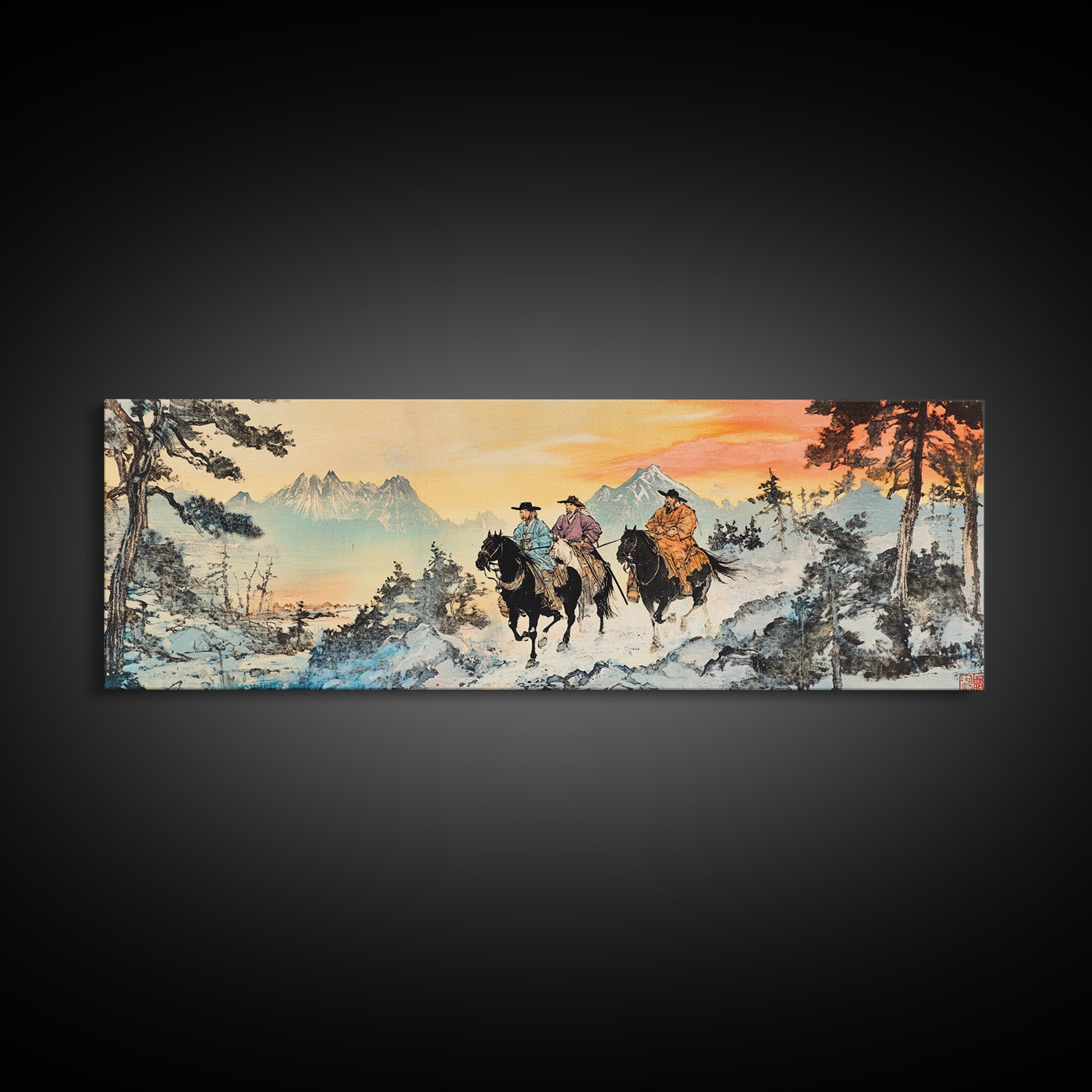 Two Cowboys Snowy Mountain Wall Art, Western Horse Landscape Painting, Rustic Cabin Decor, Large Framed Canvas Print, Gift For Him