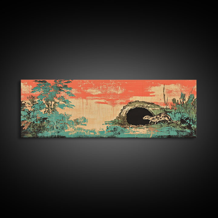Teal Pine Forest And Moonlit Cave Wall Art, Japanese Landscape Print, Japandi Decor, Panoramic Canvas, Nature Home Decor