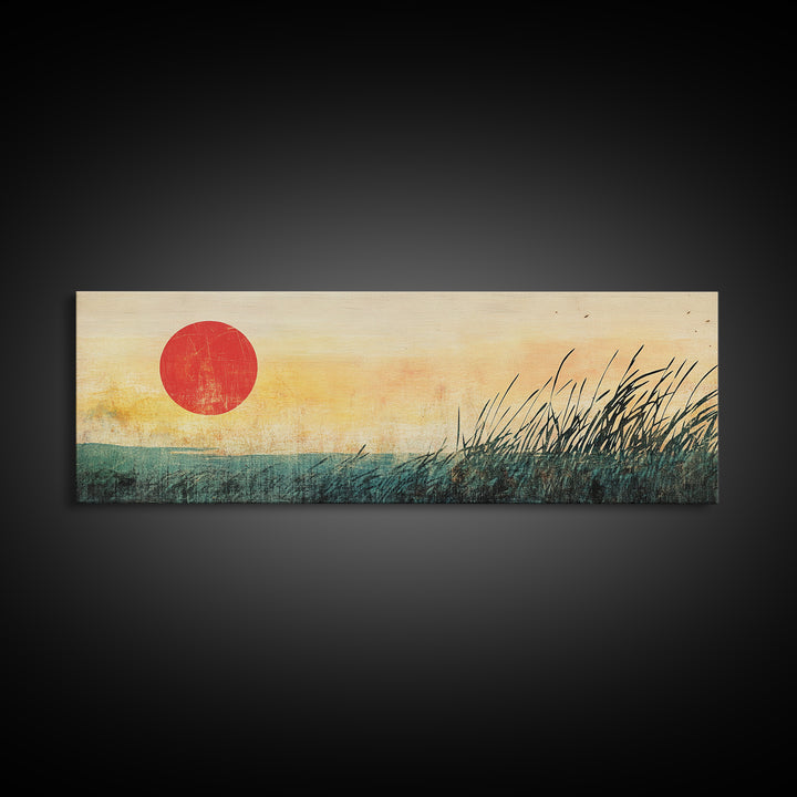 Red Sun Marsh Grass Wall Art, Minimalist Japanese Landscape Print, Zen Nature Decor, Horizontal Canvas, Calming Living Room Decor