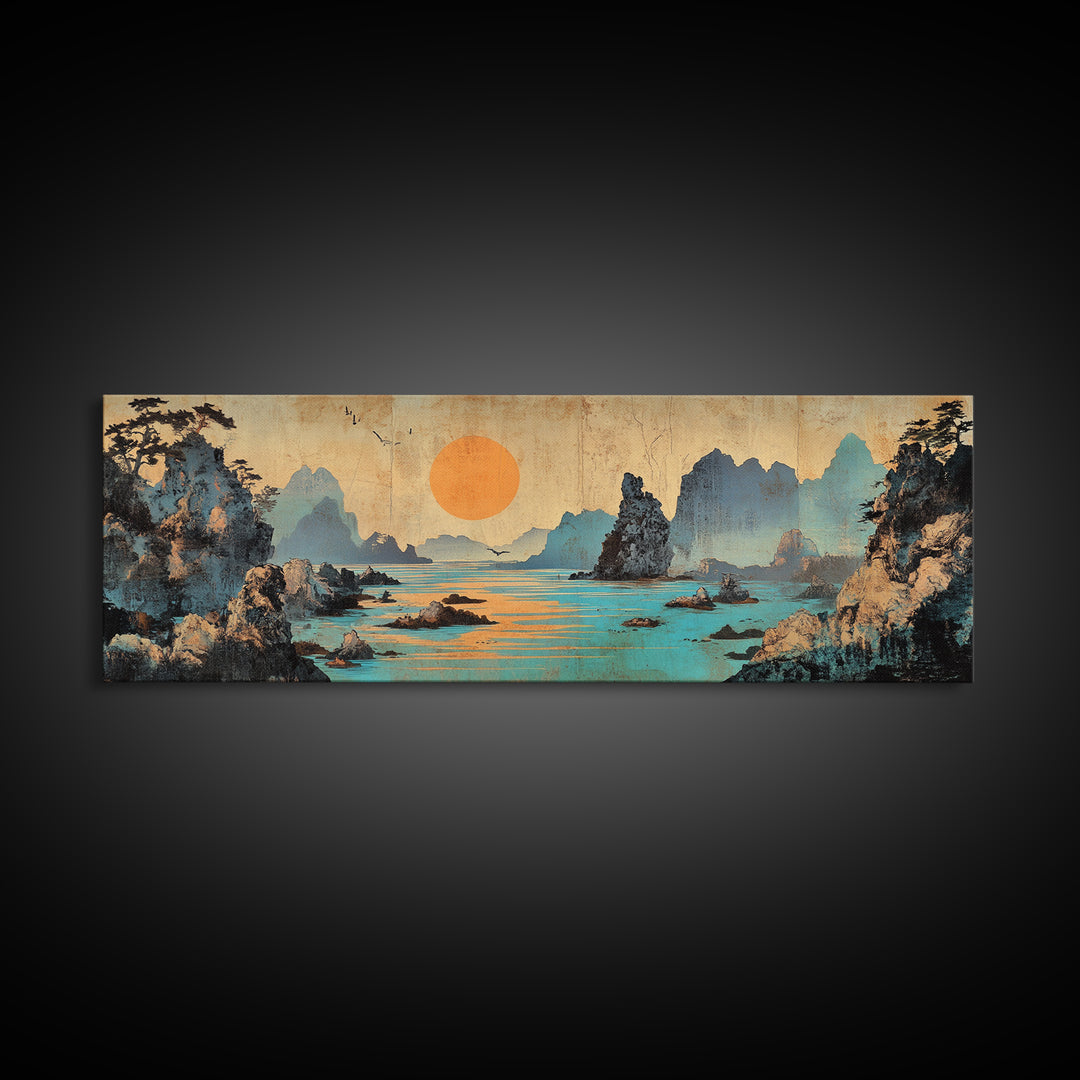 Turquoise Karst Bay Sunset Wall Art, Asian Landscape Print, Japanese Wall Decor, Zen Coastal Art, Panoramic Canvas Print