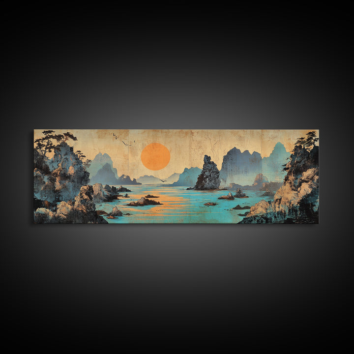 Turquoise Karst Bay Sunset Wall Art, Asian Landscape Print, Japanese Wall Decor, Zen Coastal Art, Panoramic Canvas Print