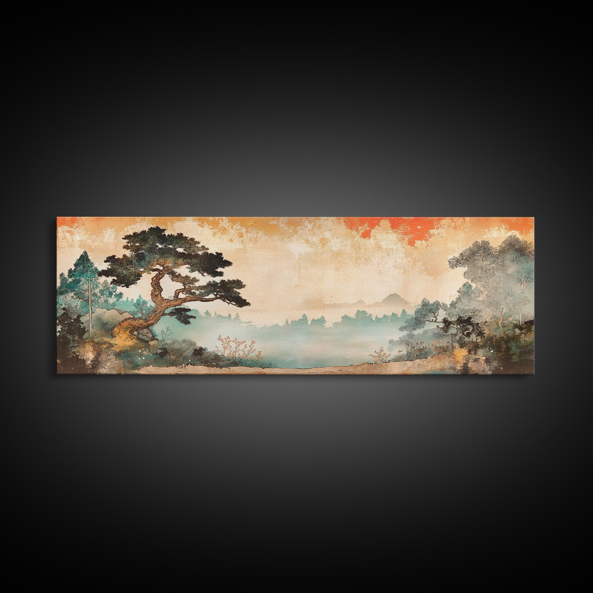 Misty Pine Tree Mountain Wall Art, Japanese Landscape Print, Japandi Wall Decor, Serene Nature Art, Large Horizontal Canvas