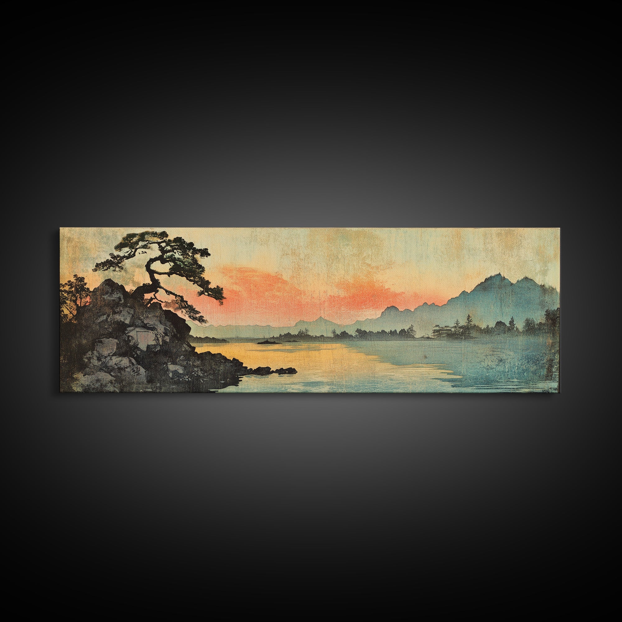 Japanese Lake Sunset With Lone Pine Wall Art, Panoramic Landscape Print, Japandi Decor, Serene Living Room Wall Decor, Home Decor