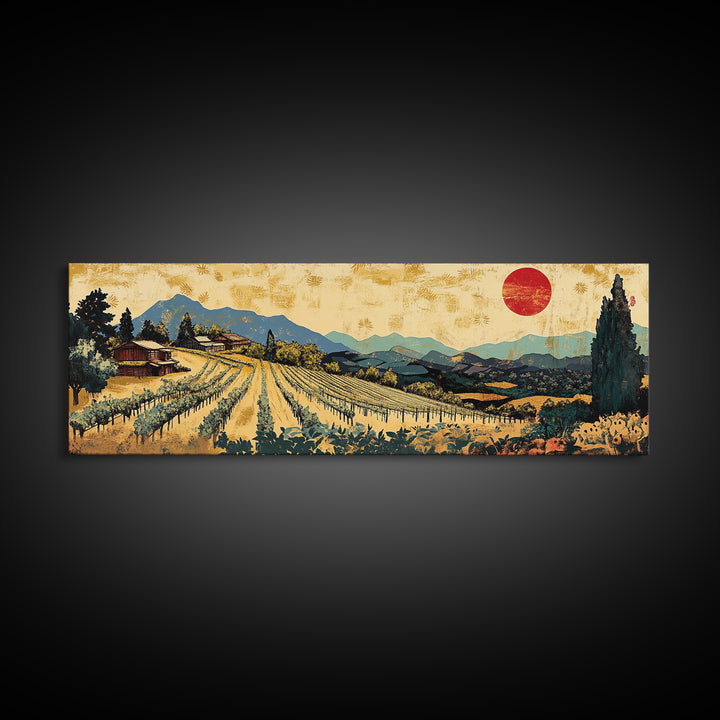 Tuscan Vineyard Rows And Red Sun Canvas Print, Wine Country Landscape Wall Art, Rustic Kitchen Decor, Housewarming Gift Idea