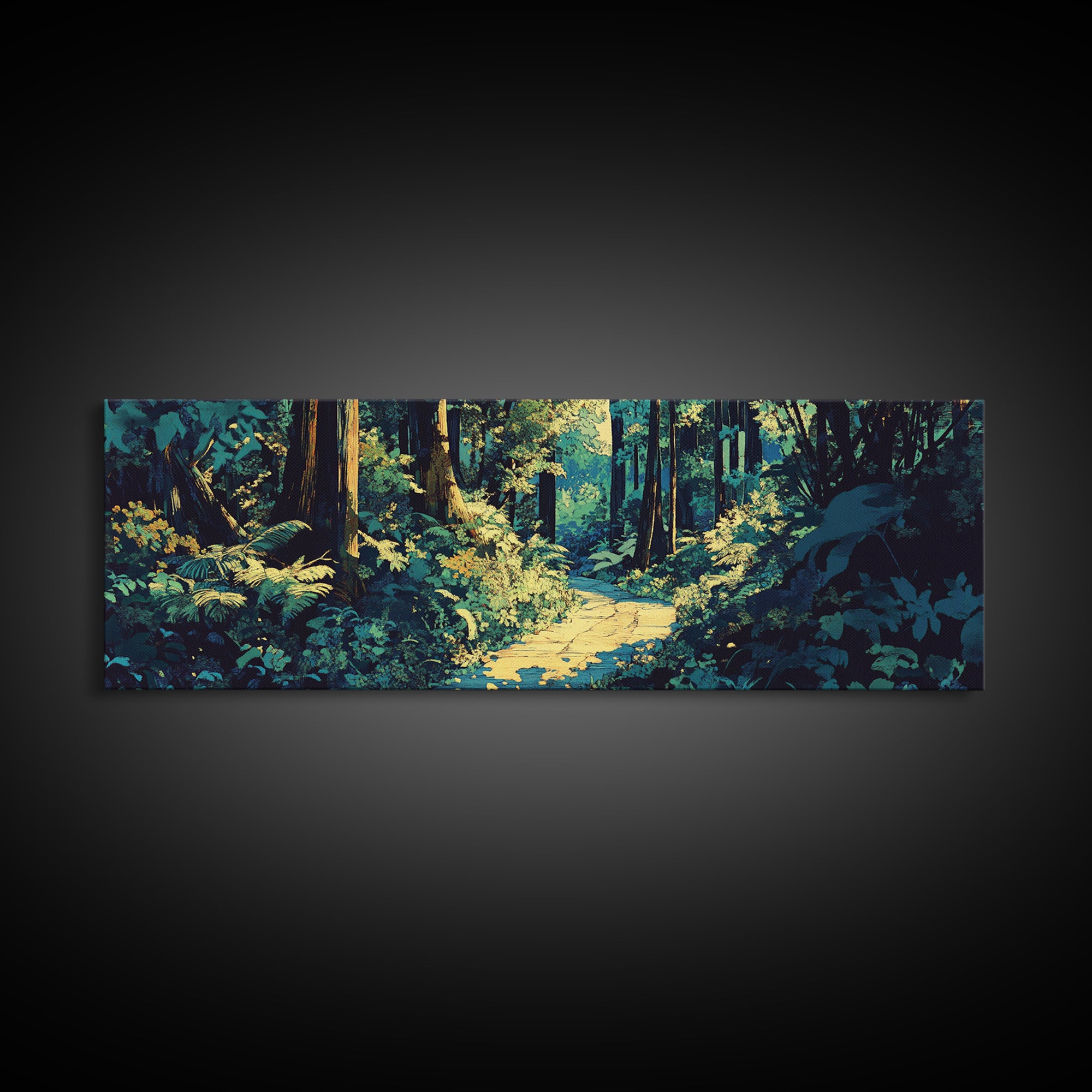 Sunlit Forest Path Through Ferns Wall Art, Nature Landscape Canvas Print, Woodland Decor, Calming Living Room Wall Art Print