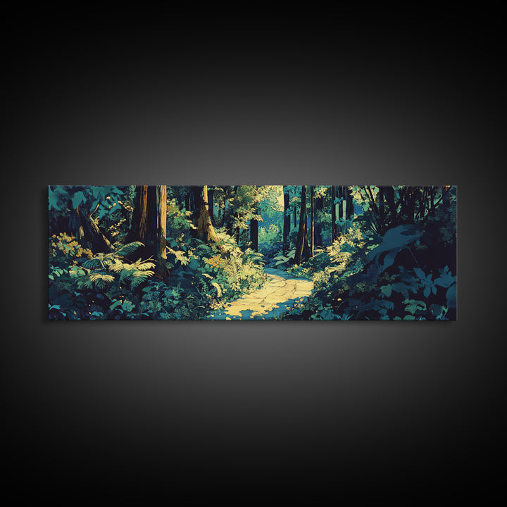Sunlit Forest Path Through Ferns Wall Art, Nature Landscape Canvas Print, Woodland Decor, Calming Living Room Wall Art Print