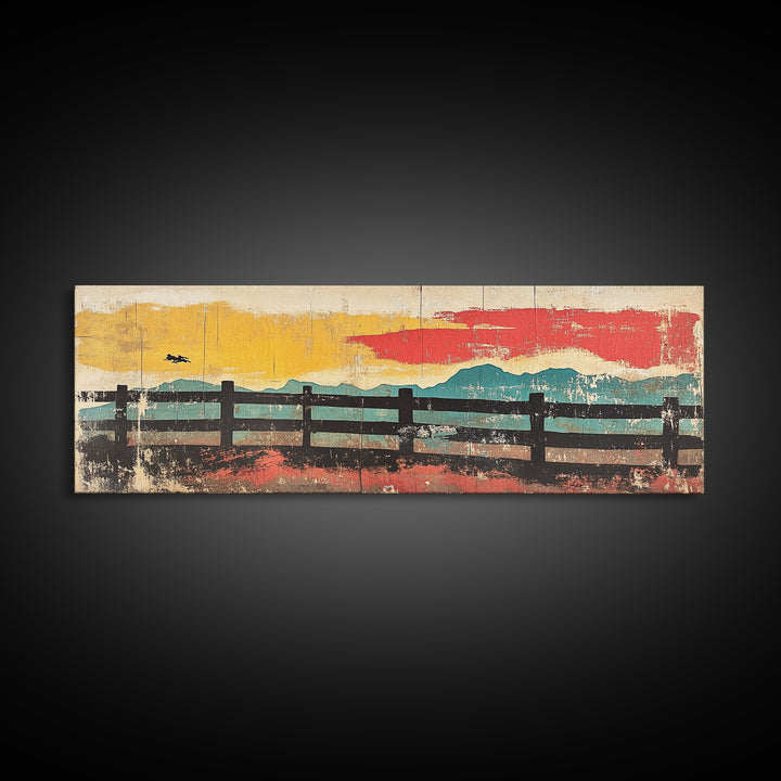 Rustic Fence And Mountain Horizon Wall Art, Abstract Landscape Canvas Print, Mid Century Modern Decor, Horizontal Wall Art