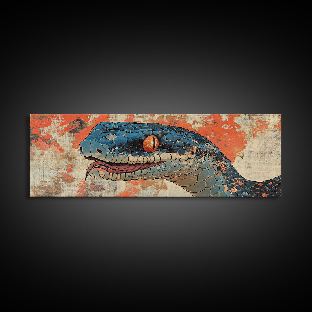 Blue Snake Portrait With Orange Eyes Wall Art, Wildlife Canvas Print, Snake Illustration, Bold Eclectic Home Decor, Statement Wall Art