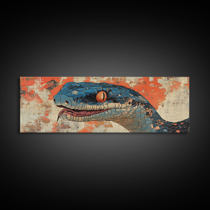 Blue Snake Portrait With Orange Eyes Wall Art, Wildlife Canvas Print, Snake Illustration, Bold Eclectic Home Decor, Statement Wall Art