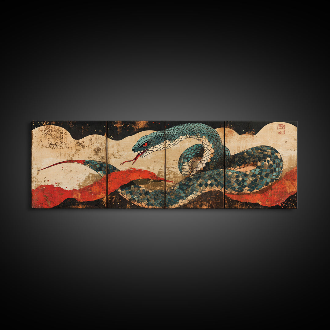 Teal Serpent With Red Sun Waves Wall Art, Japanese Snake Canvas, Ukiyo E Style, Asian Decor, Bold Wildlife Living Room Print
