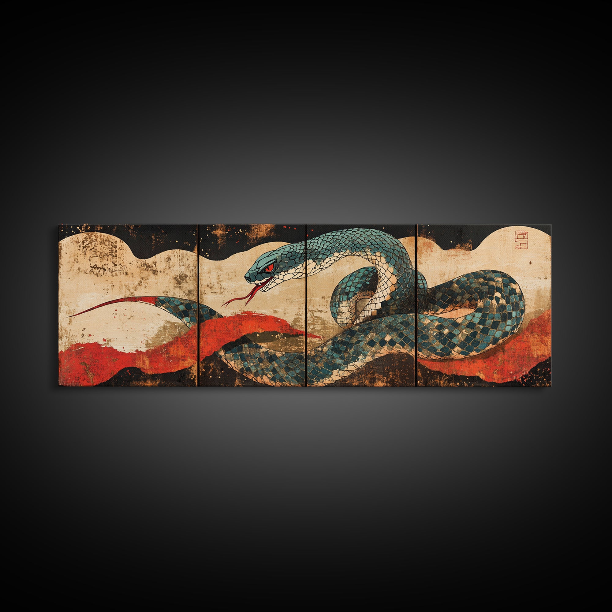 Teal Serpent With Red Sun Waves Wall Art, Japanese Snake Canvas, Ukiyo E Style, Asian Decor, Bold Wildlife Living Room Print