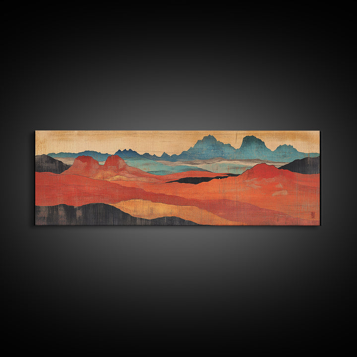 Red Orange Desert Hills Framed Canvas Print, Abstract Landscape Art, Southwestern Decor, Earth Tone Modern Living Room Wall Art