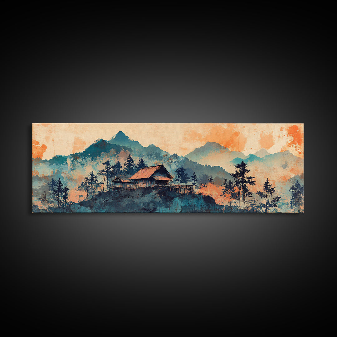 Mountain Cabin At Peach Sunrise Wall Art, Watercolor Landscape Print, Rustic Nature Decor, Cozy Bedroom Living Room Canvas