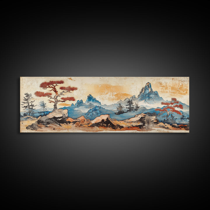 Zen Rock Garden With Blue Mountains Wall Art, Japanese Landscape Print, Wabi Sabi Decor, Serene Japandi Living Room Canvas