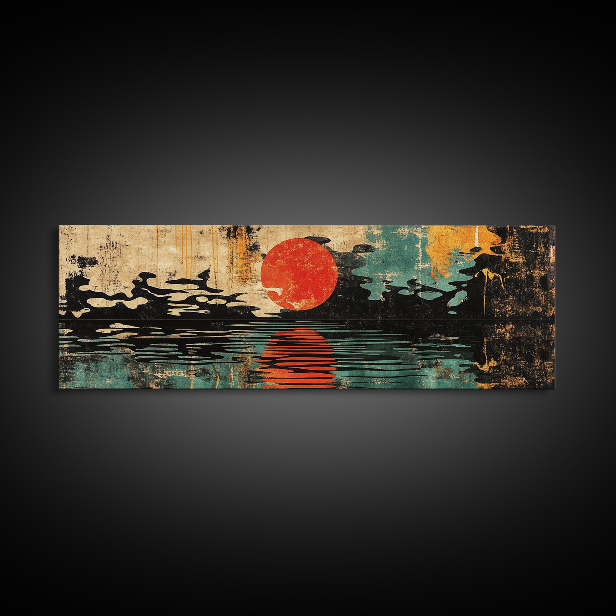 Red Sun Over Black Water Wall Art, Japanese Ink Seascape Print, Minimalist Asian Decor, Bold Modern Living Room Canvas Art