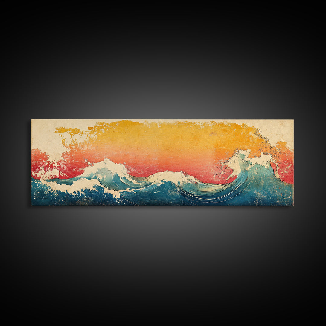 Great Wave At Golden Sunset Canvas Print, Japanese Ocean Wall Art, Hokusai Inspired Coastal Decor, Blue Living Room Print