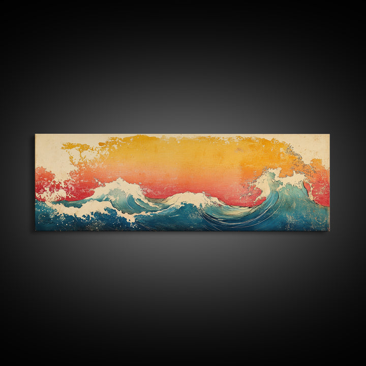 Great Wave At Golden Sunset Canvas Print, Japanese Ocean Wall Art, Hokusai Inspired Coastal Decor, Blue Living Room Print