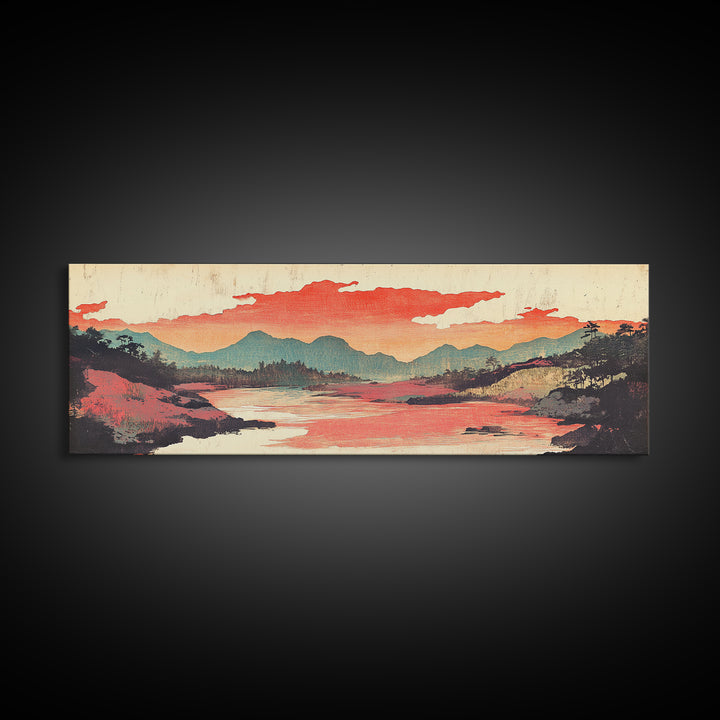 Coral Sky River Valley Wall Art, Japanese Mountain Landscape Print, Long Horizontal Canvas, Modern Living Room Decor, Home Decor