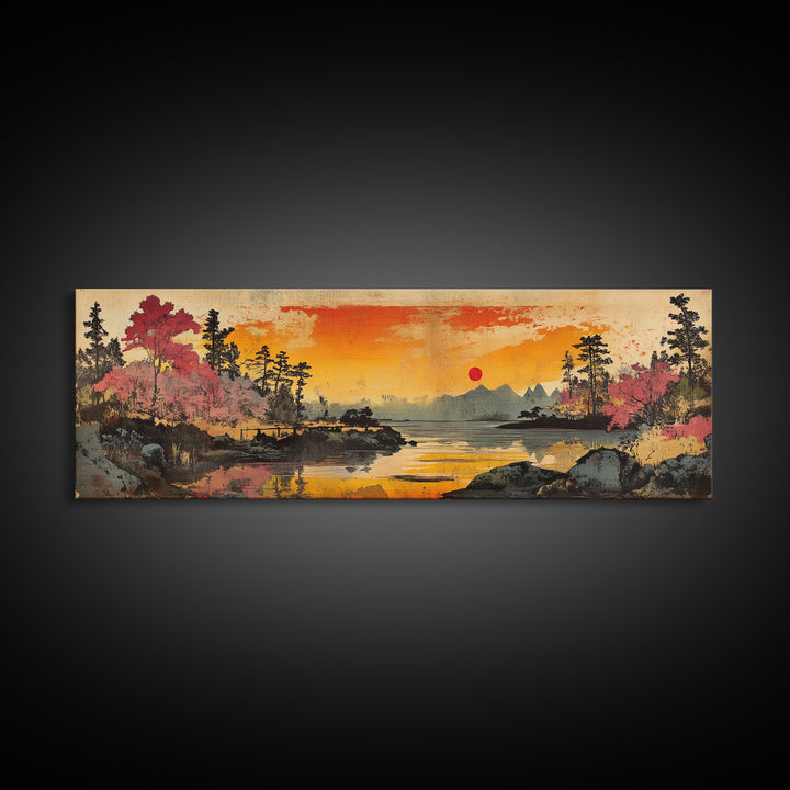 Orange Sunset Lake Wall Art, Cherry Blossom Landscape Canvas Print, Japanese Nature Decor, Panoramic Living Room Art Print