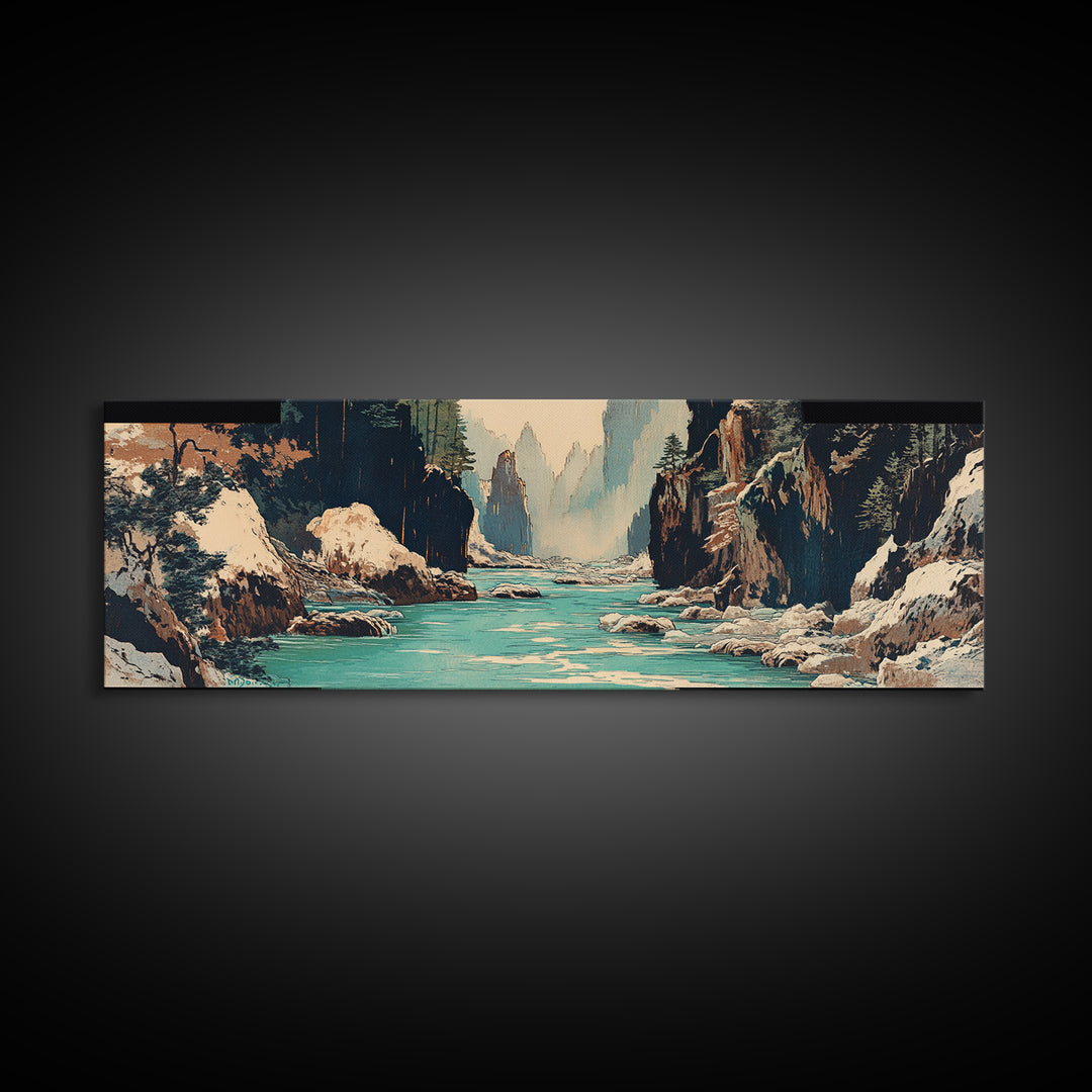 Snowy Canyon River Wall Art, Turquoise Mountain Gorge Canvas Print, Japanese Landscape Decor, Large Horizontal Artwork Print