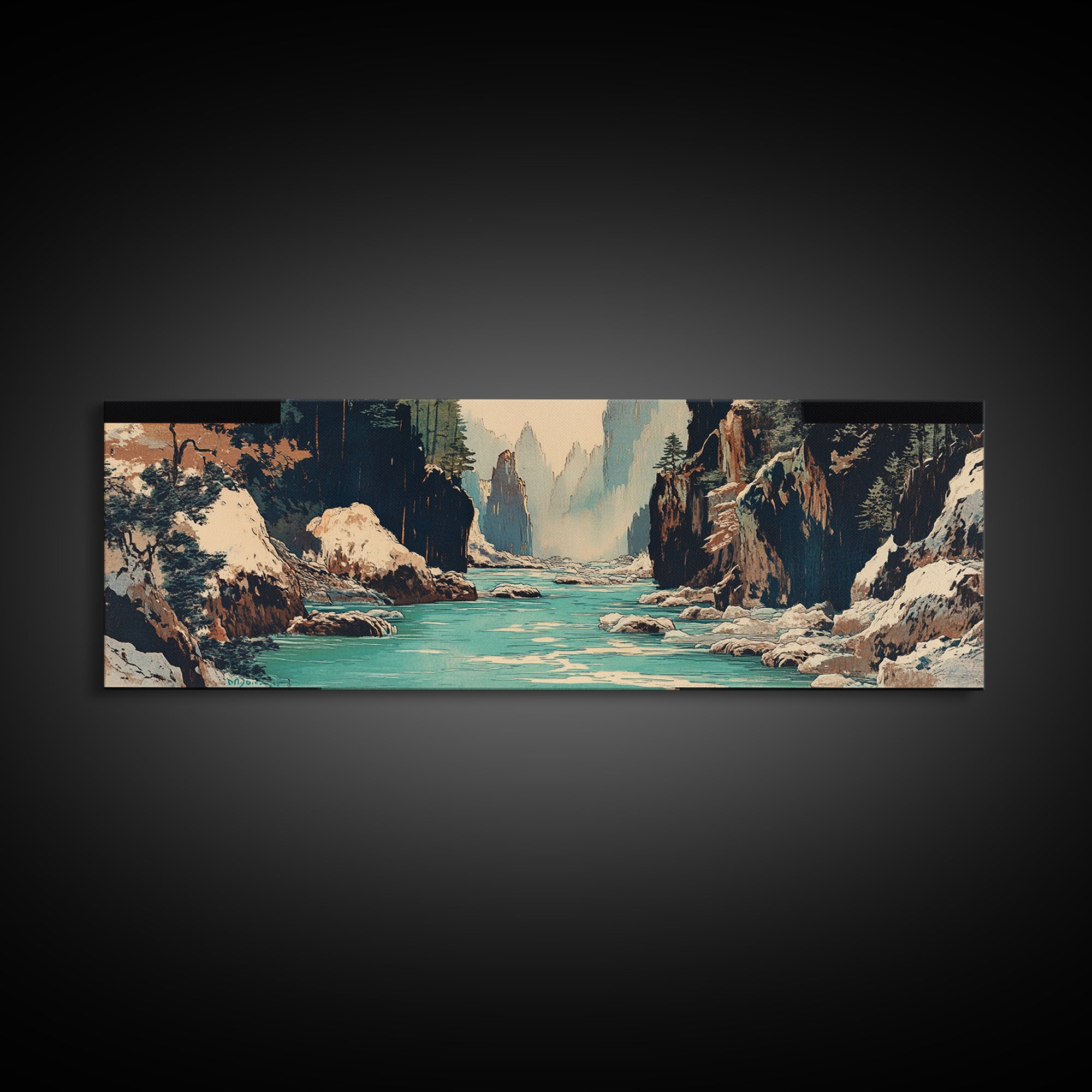 Snowy Canyon River Wall Art, Turquoise Mountain Gorge Canvas Print, Japanese Landscape Decor, Large Horizontal Artwork Print