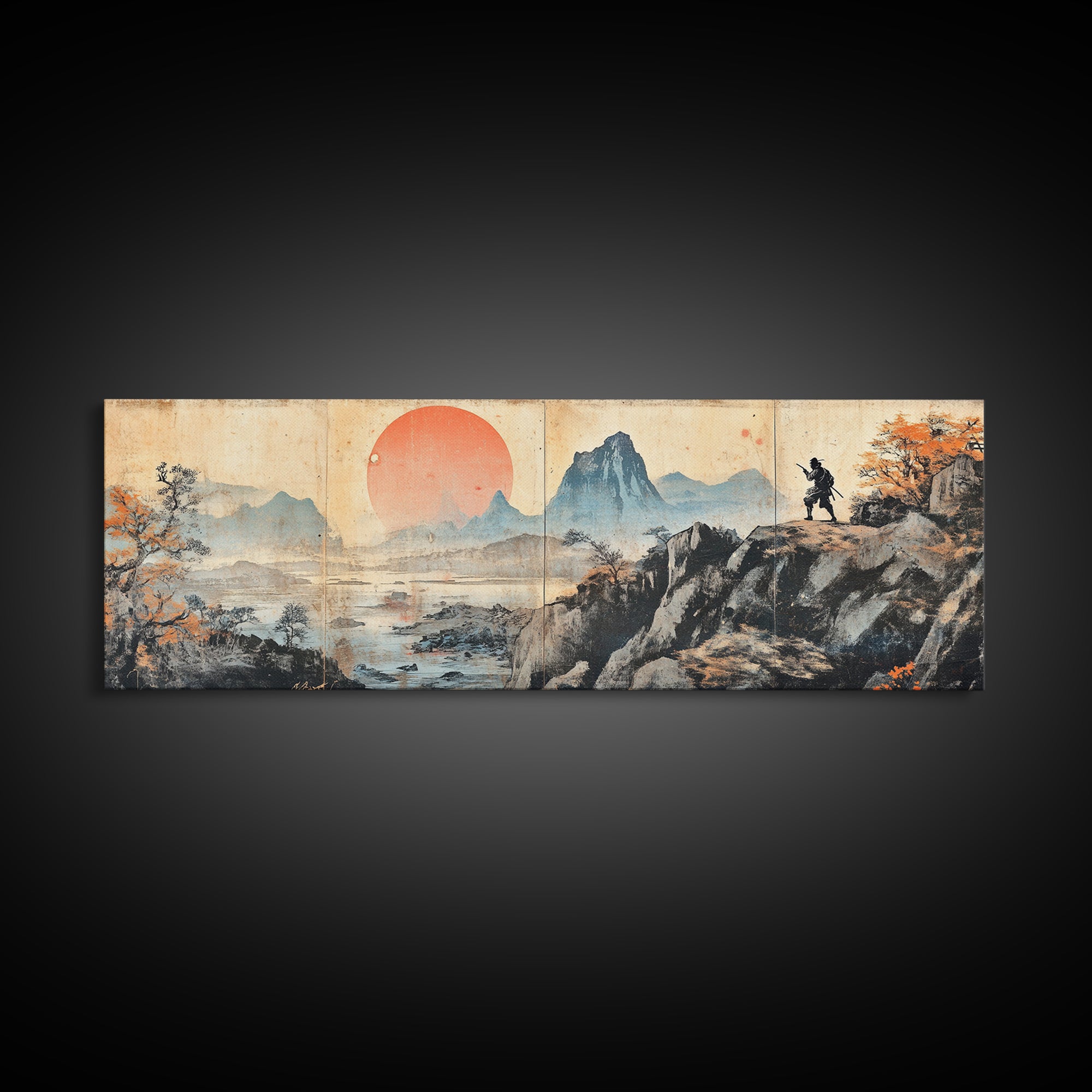 Samurai Mountain Sunset Wall Art, Japanese Landscape Triptych Canvas Print, Asian Wall Decor, Panoramic Living Room Art Print
