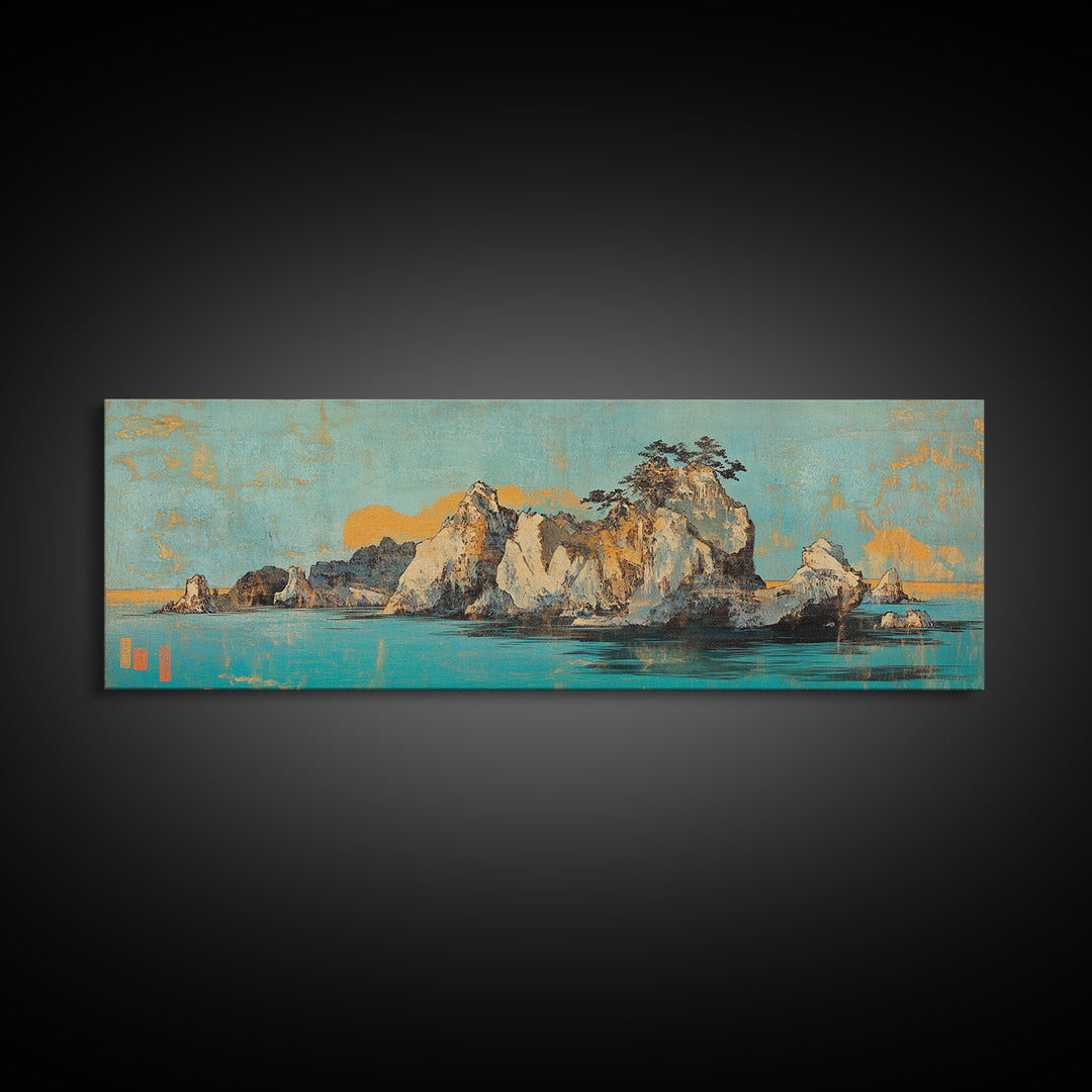 Turquoise Island Seascape With Rocky Pines, Japanese Wall Art, Coastal Landscape Print, Panoramic Canvas, Living Room Decor