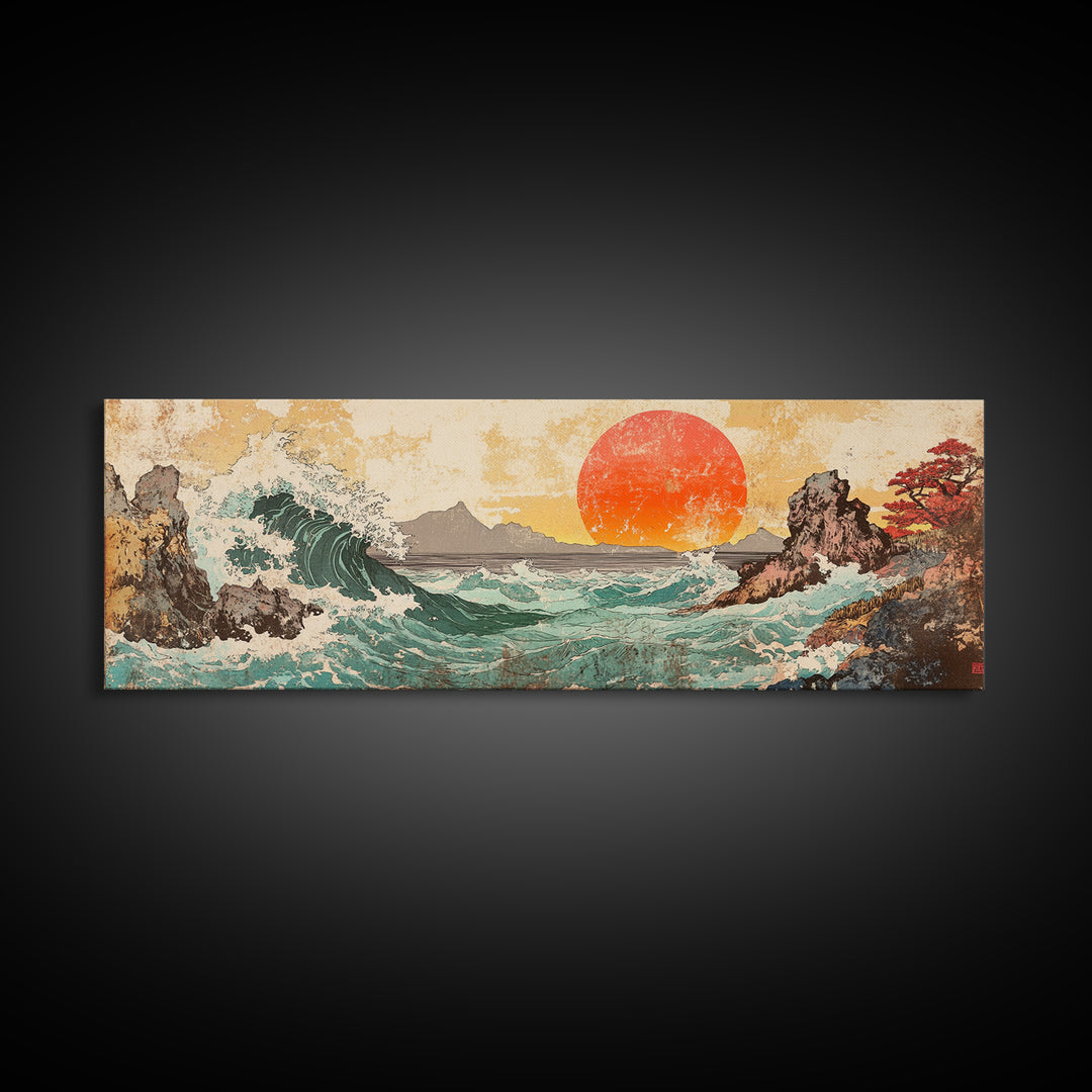Crashing Wave And Red Sun, Japanese Wall Art, Ocean Seascape Canvas Print, Coastal Wall Decor, Large Living Room Art, Home Decor