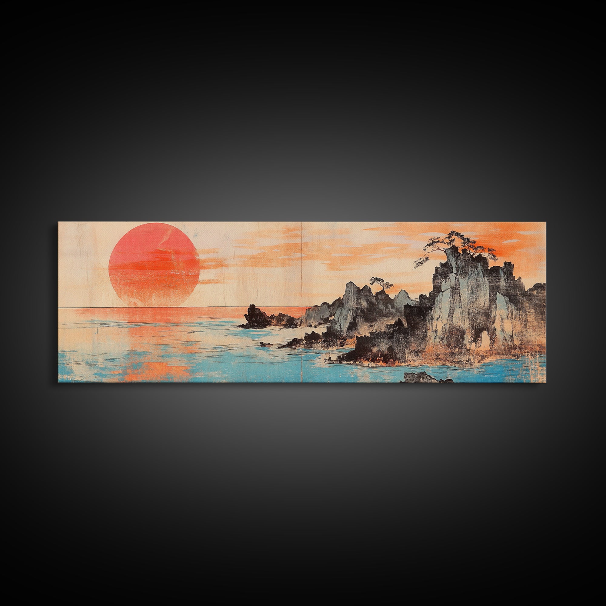Red Sun Over Ocean Cliffs, Japanese Wall Art, Coastal Seascape Print, Panoramic Canvas, Modern Living Room Decor, Home Decor