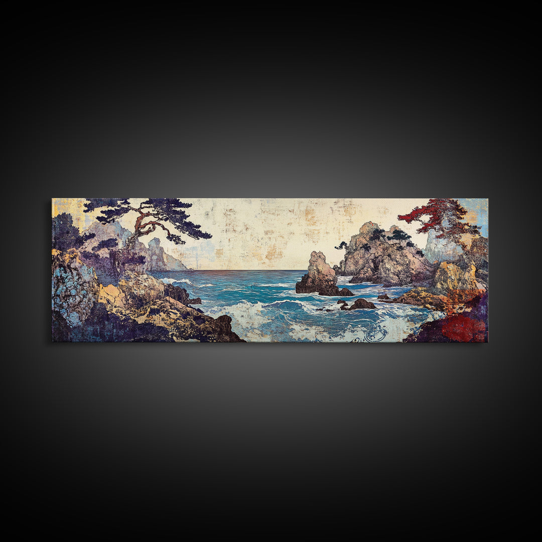 Pine Framed Rocky Cove, Japanese Wall Art, Coastal Seascape Canvas Print, Ocean Wall Decor, Panoramic Living Room Art, Home Decor