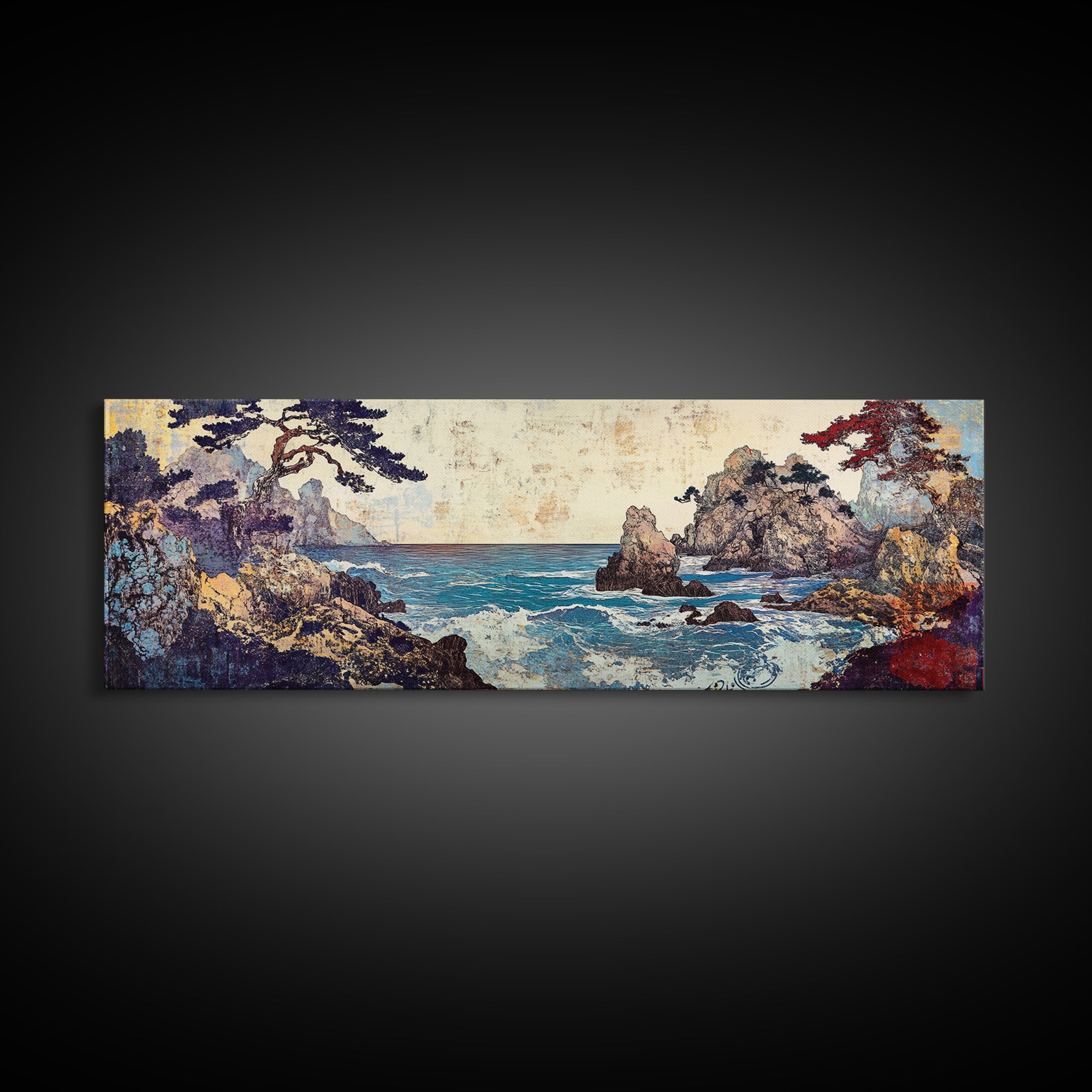 Pine Framed Rocky Cove, Japanese Wall Art, Coastal Seascape Canvas Print, Ocean Wall Decor, Panoramic Living Room Art, Home Decor