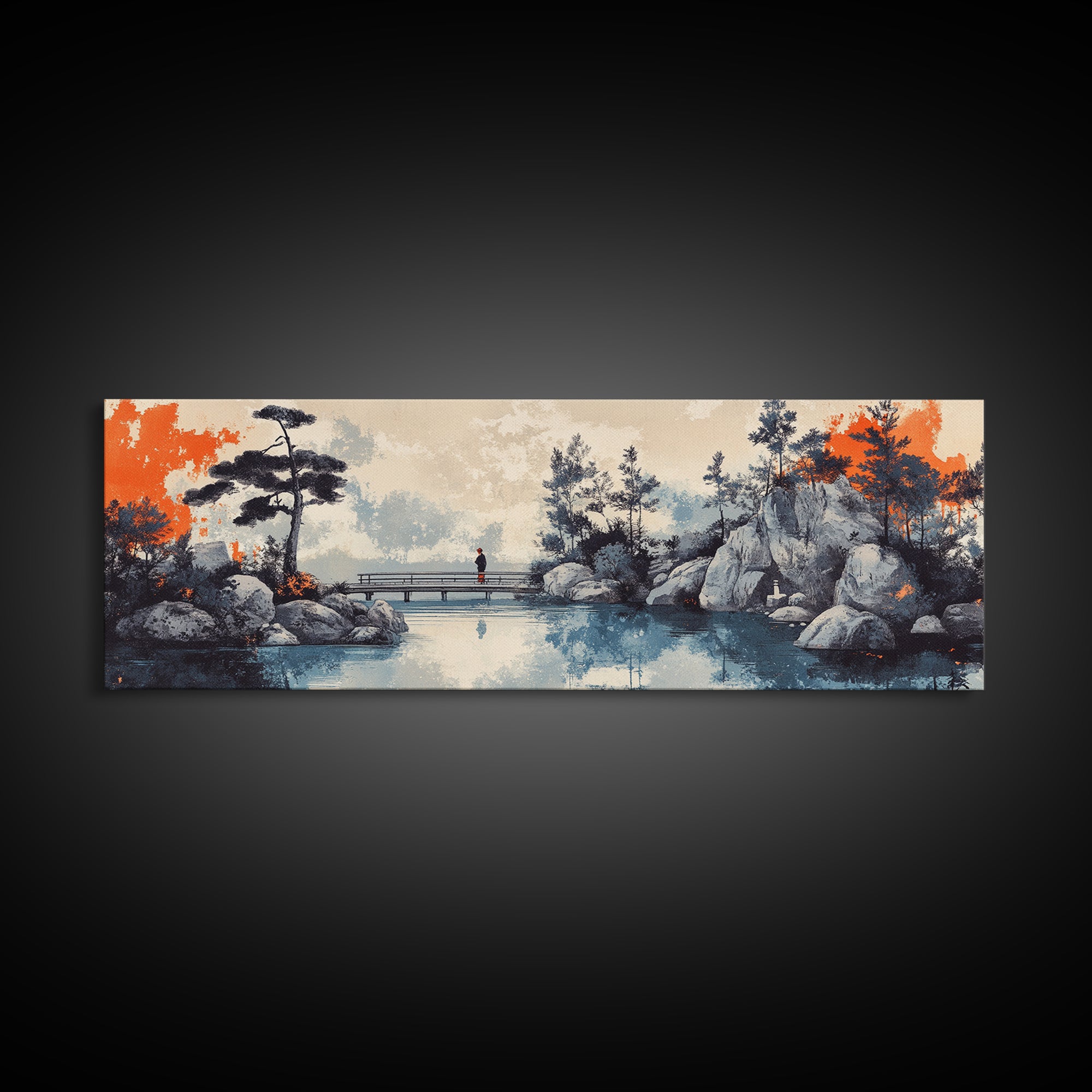 Serene Japanese Garden Bridge, Wall Art, Lake Landscape Canvas Print, Zen Home Decor, Calming Office And Living Room Art