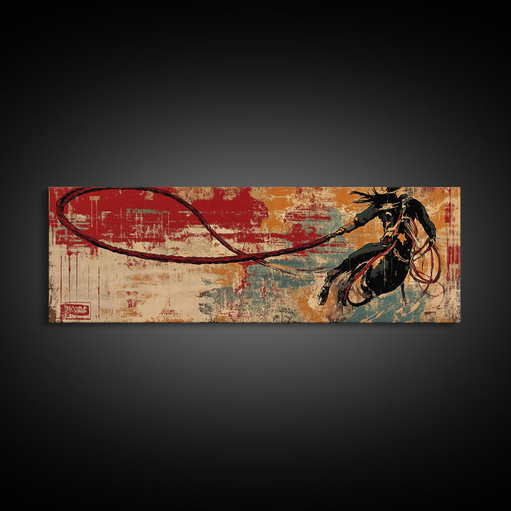 Western Lasso Rope On Red Teal Texture, Cowboy Wall Art, Rustic Canvas Print, Man Cave Decor, Western Home Decor Gift For Him
