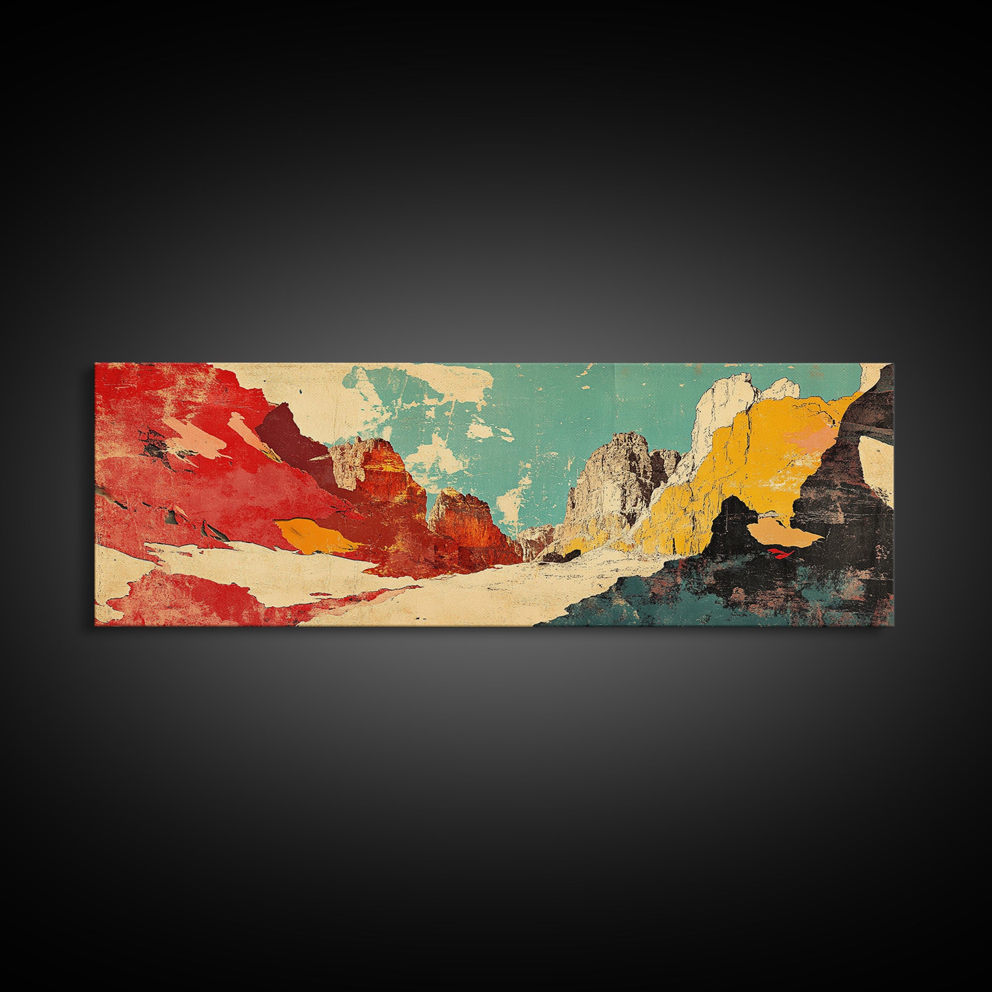 Red Teal Abstract Mountain Landscape Wall Art, Panoramic Canvas Print, Modern Southwestern Decor, Long Horizontal Wall Decor