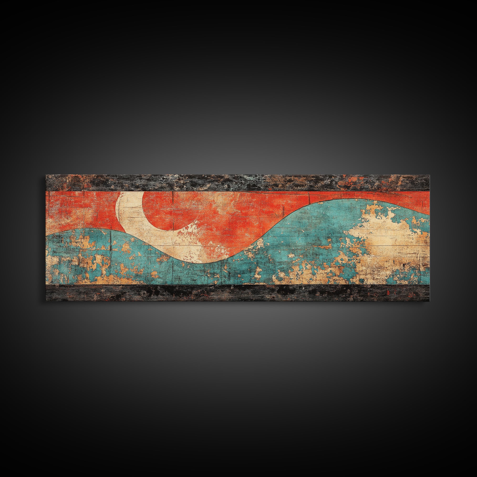 Red Sun And Teal Wave Wall Art, Japanese Coastal Canvas Print, Minimalist Abstract Seascape, Long Horizontal Living Room Wall Decor