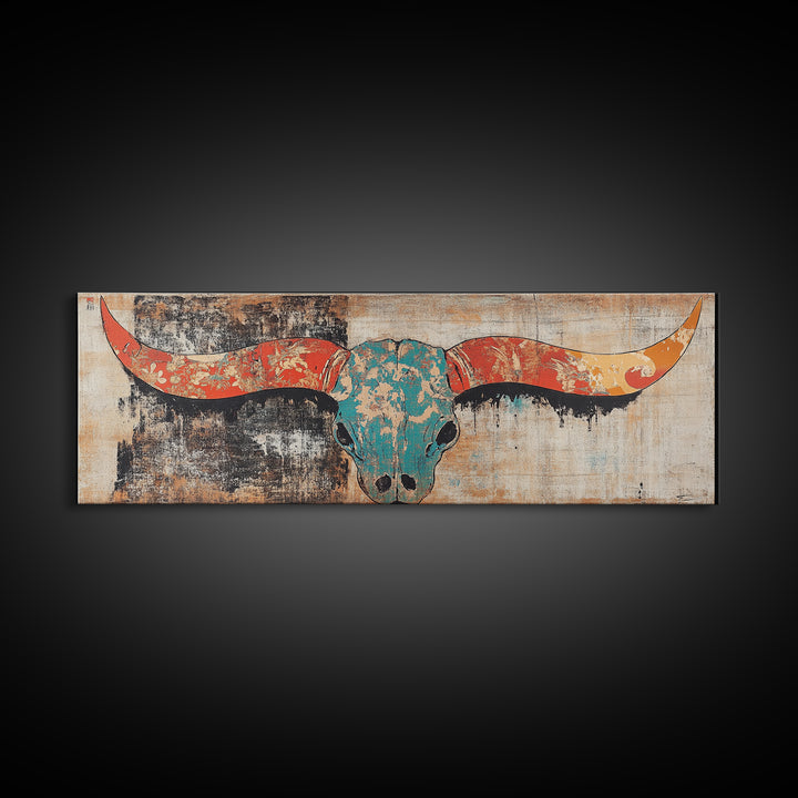 Turquoise Longhorn Skull Wall Art, Western Boho Canvas Print, Southwestern Rustic Decor, Long Horizontal Statement Artwork