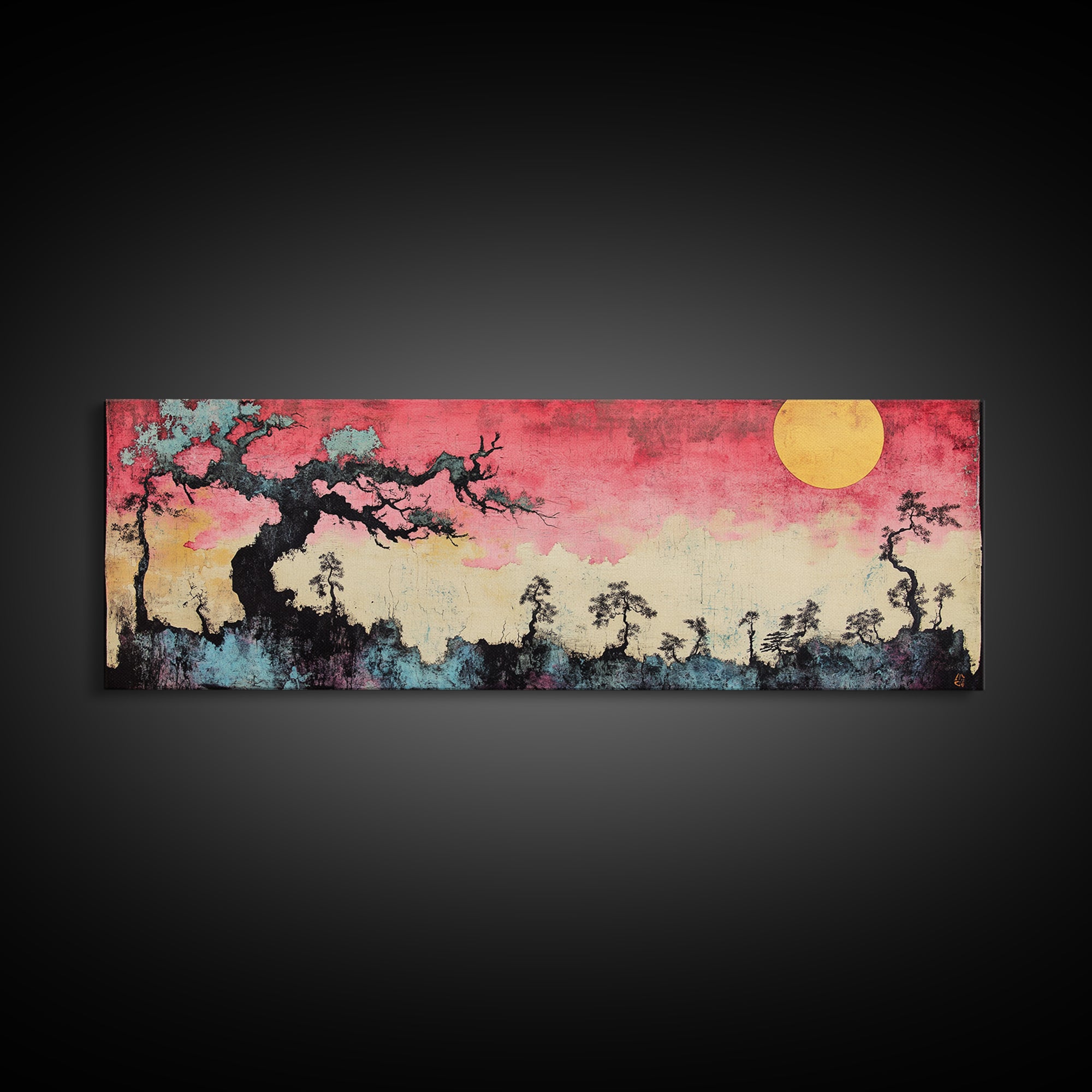 Pink Sunset Moon Tree Landscape Wall Art, Japanese Canvas Print, Dreamy Nature Decor, Long Horizontal Bedroom Wall Decor