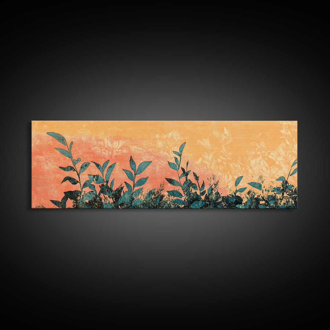 Orange Botanical Silhouette Wall Art, Nature Canvas Print, Boho Botanical Decor, Long Horizontal Living Room Wall Art Decor