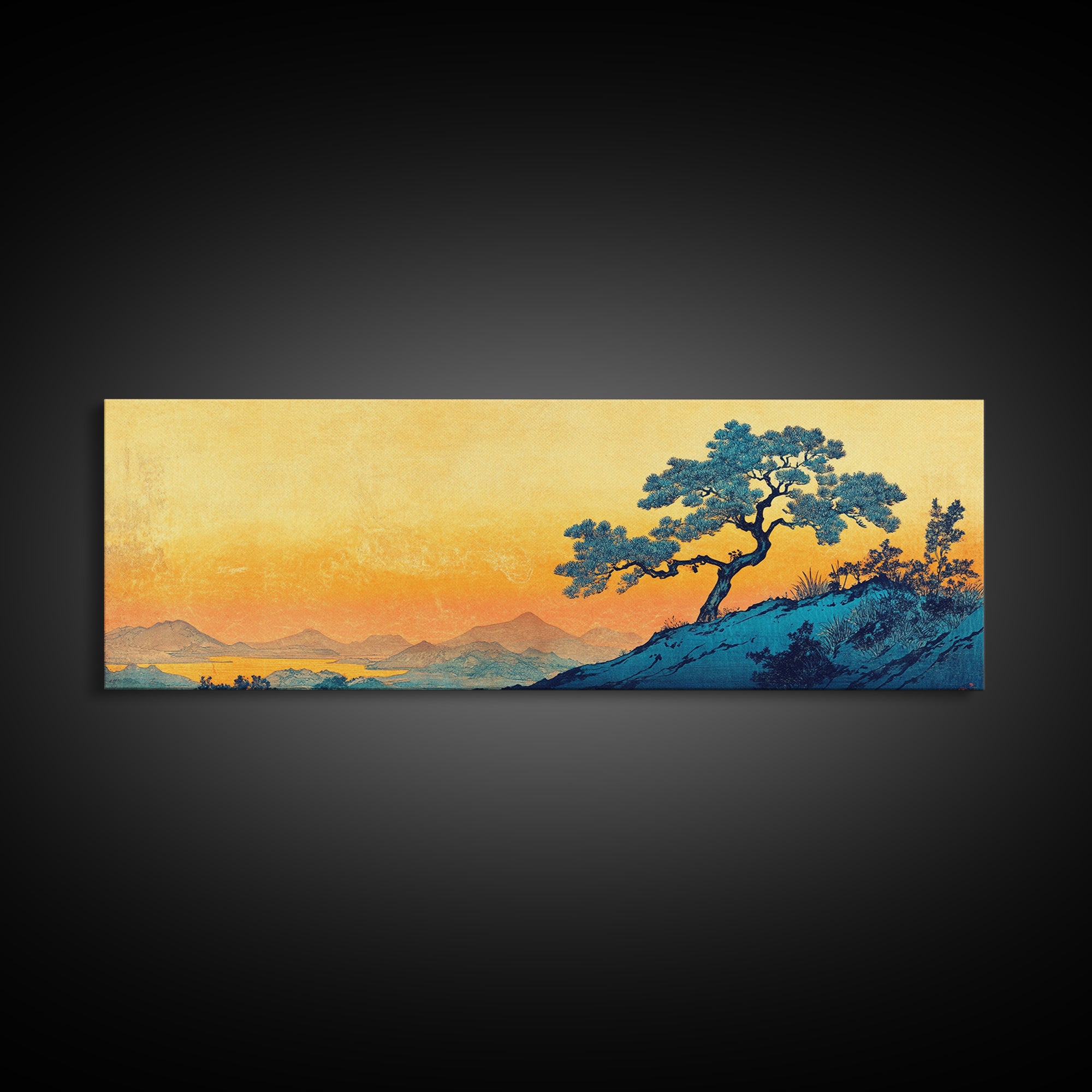 Blue Pine Tree Mountain Landscape Wall Art, Japanese Canvas Print, Serene Nature Decor, Long Horizontal Lake House Wall Decor