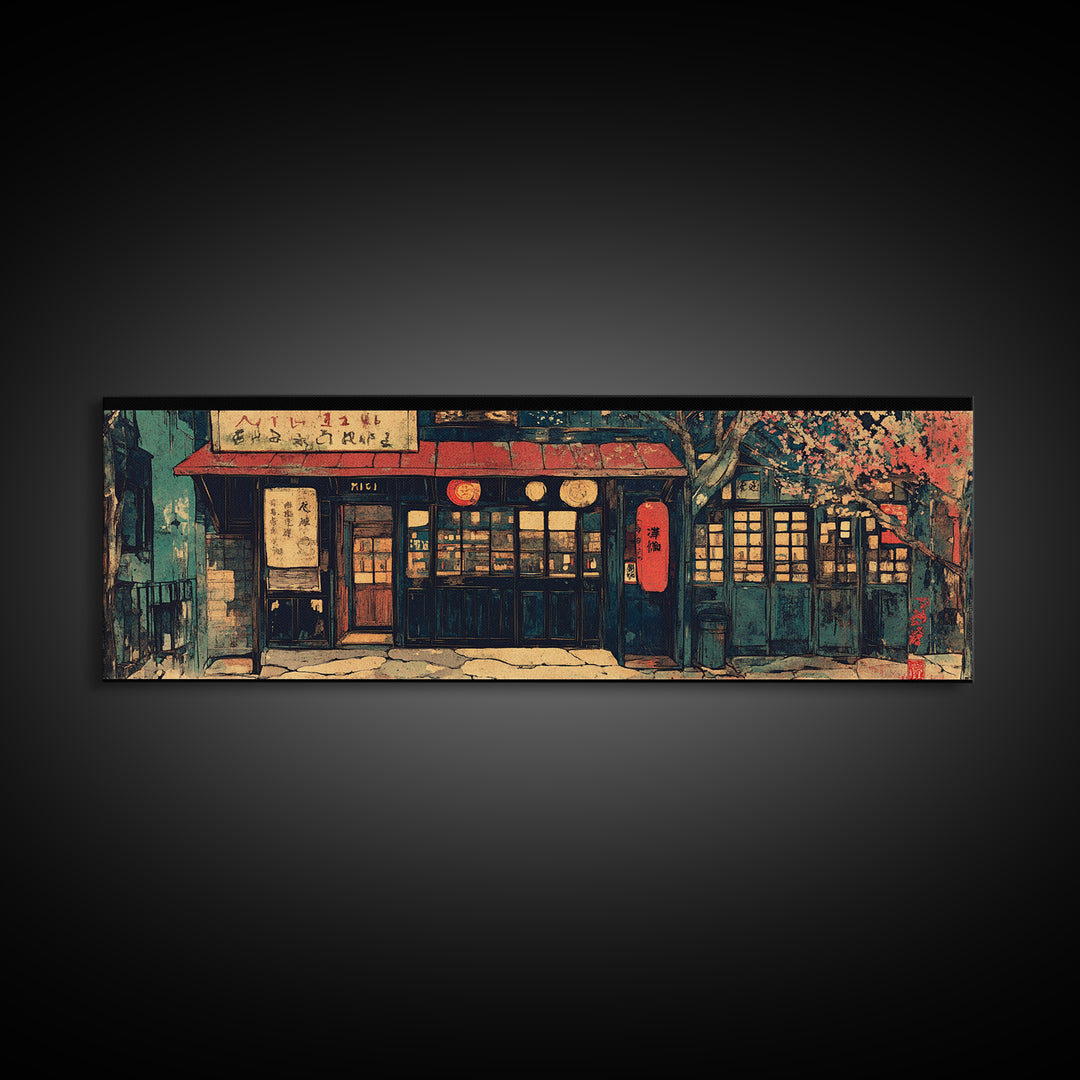 Cozy Japanese Storefront Night Wall Art, Cherry Blossom Cafe Canvas, Asian Home Decor, Japandi Gallery Living Room Print