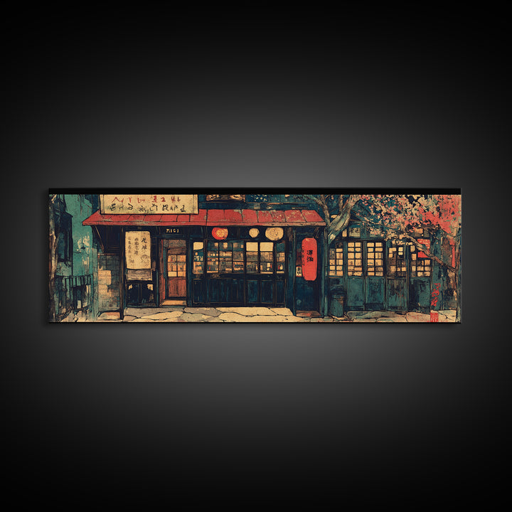 Cozy Japanese Storefront Night Wall Art, Cherry Blossom Cafe Canvas, Asian Home Decor, Japandi Gallery Living Room Print