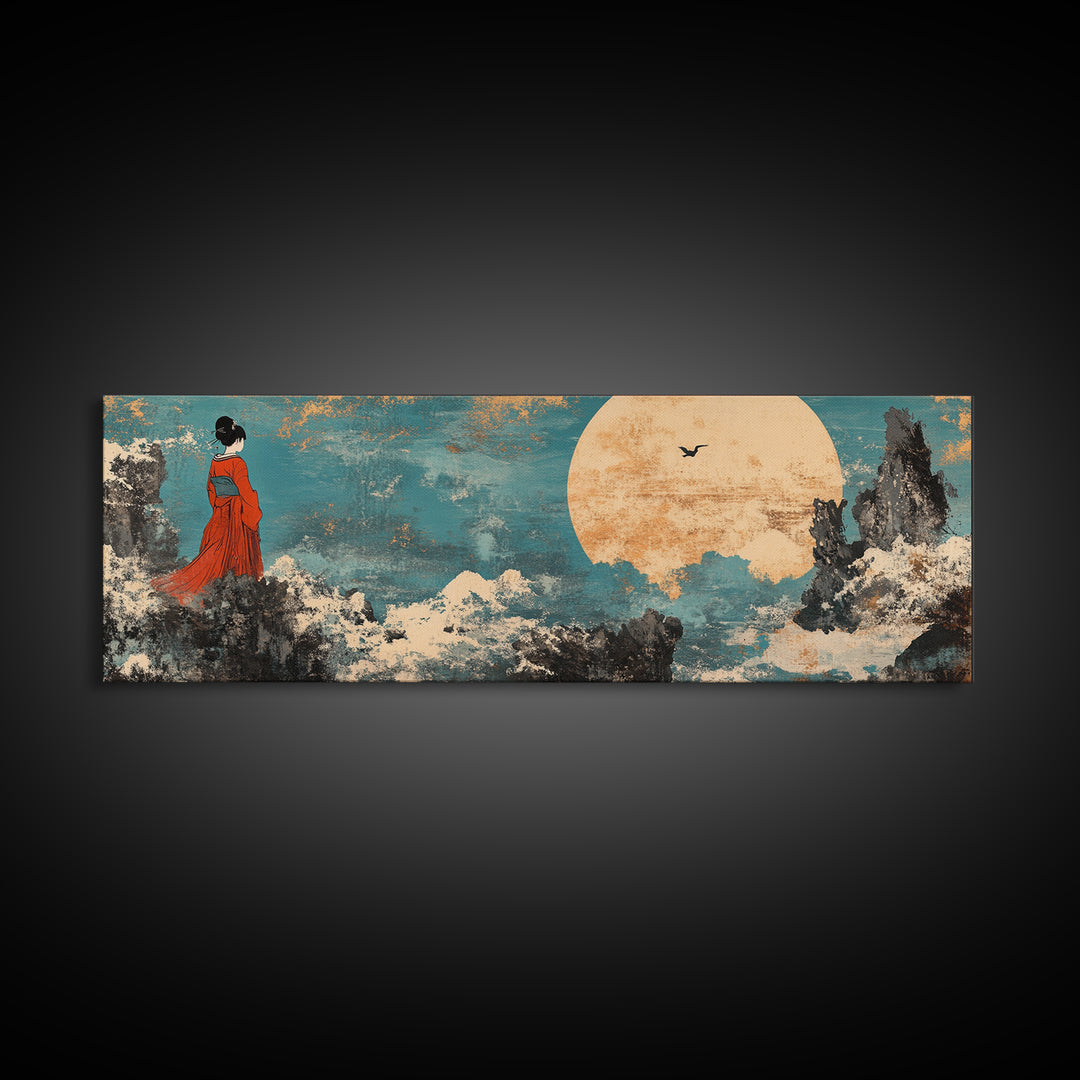 Red Kimono Woman Moon Wall Art, Japanese Landscape Canvas Print, Asian Inspired Decor, Dreamy Japandi Bedroom Art Gift For Her