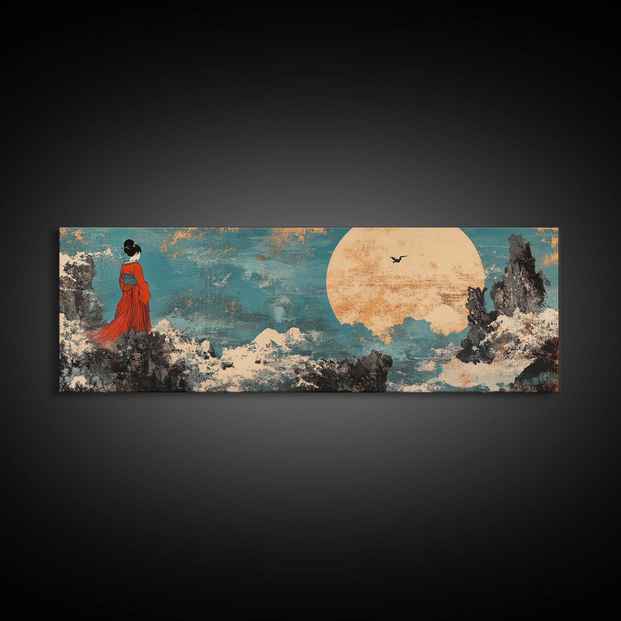 Red Kimono Woman Moon Wall Art, Japanese Landscape Canvas Print, Asian Inspired Decor, Dreamy Japandi Bedroom Art Gift For Her