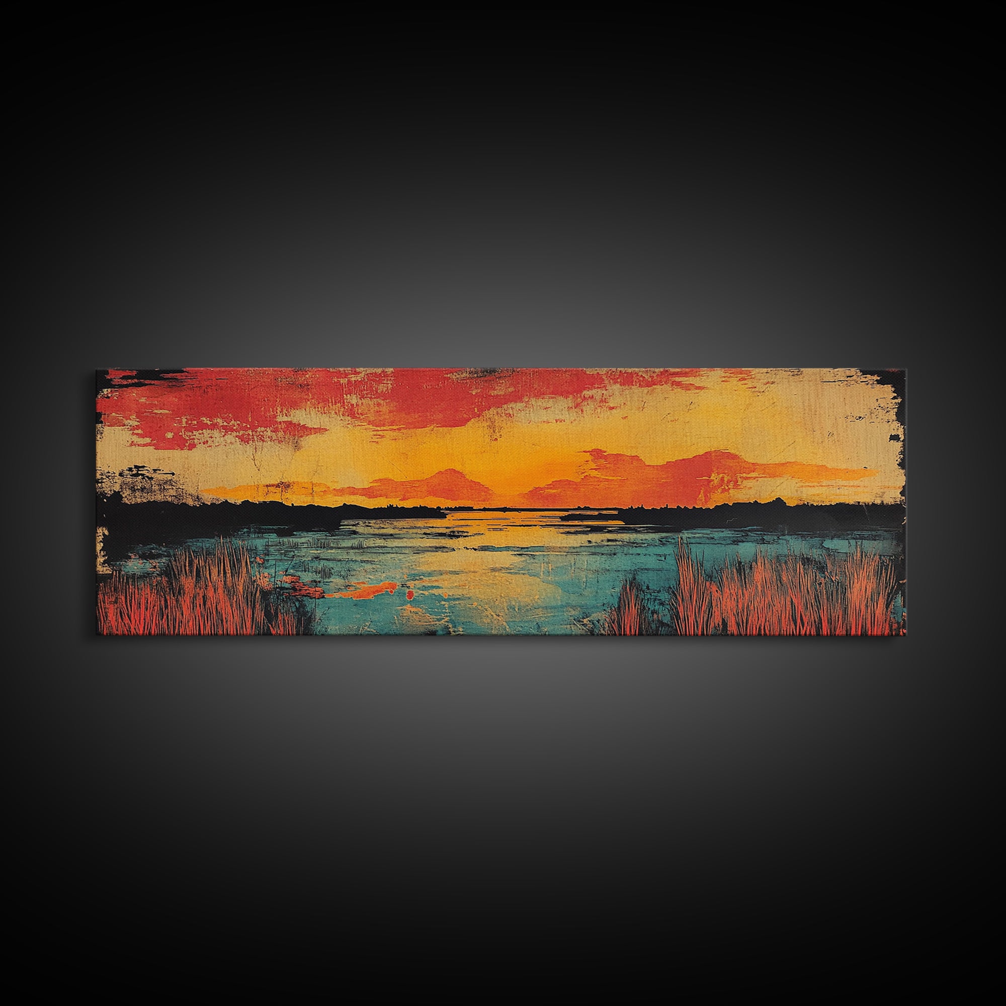 Vibrant Sunset Lake Landscape Wall Art, Marsh Water Canvas Print, Rustic Nature Decor, Large Horizontal Living Room Art Print